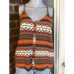 Boho Tribal Print Cami Tank Orange Brown Flowy Button Front Top Size Small Rayon